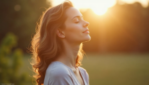 Person sitting peacefully in nature practicing mindfulness to overcome negative thoughts
