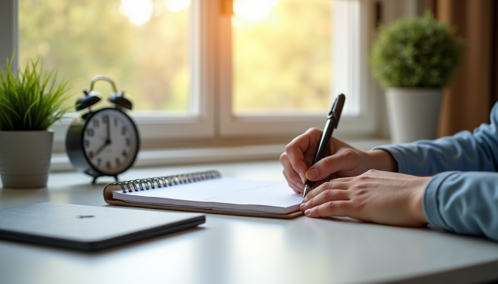 Person organizing daily schedule with planner and clock on desk for effective time management