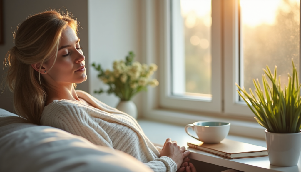 Person relaxing near a window in morning light, symbolizing rest and renewal for productivity