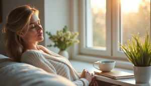 Person relaxing near a window in morning light, symbolizing rest and renewal for productivity