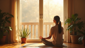 Person meditating by the window during morning routine for balanced daily life