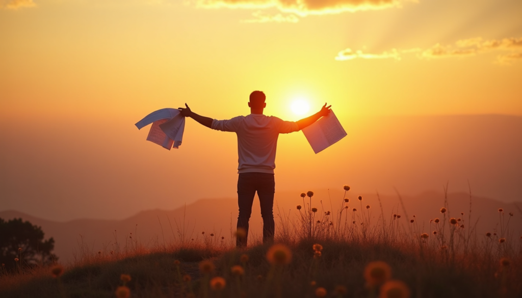 Person standing on a hilltop at sunrise, arms open, symbolizing release from perfectionism