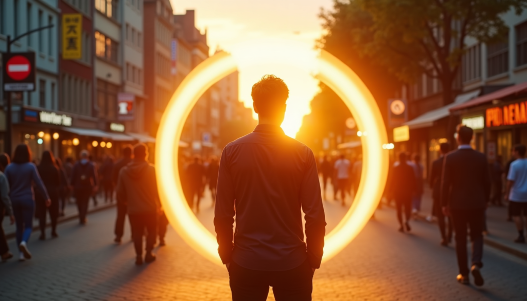 Person standing calmly in glowing light while crowd rushes by