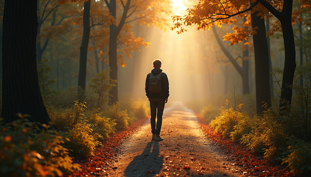 Person at fork in forest path representing balanced decision-making between different options