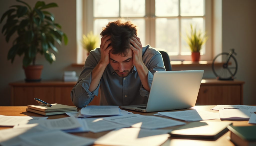 Professional overwhelmed at desk representing work-life imbalance and burnout